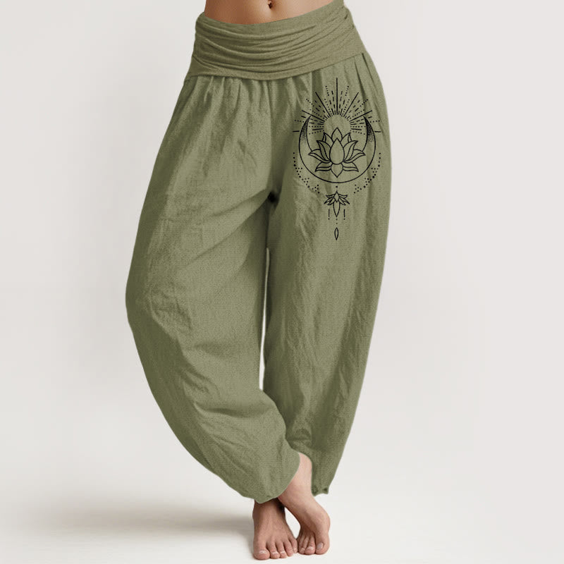 Nimara Ritual Pure Cotton Concise Lotus Flower Pattern Women's Elastic Waist Harem Pants