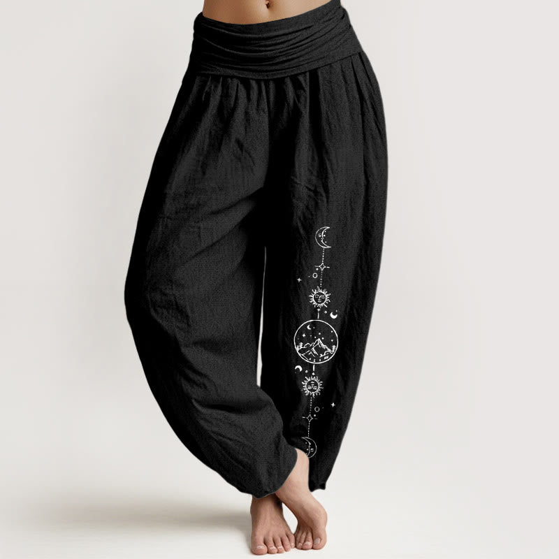 Nimara Ritual Pure Cotton Minimalist Design Moon Sun Star Mountain Pattern Women's Elastic Waist Harem Pants