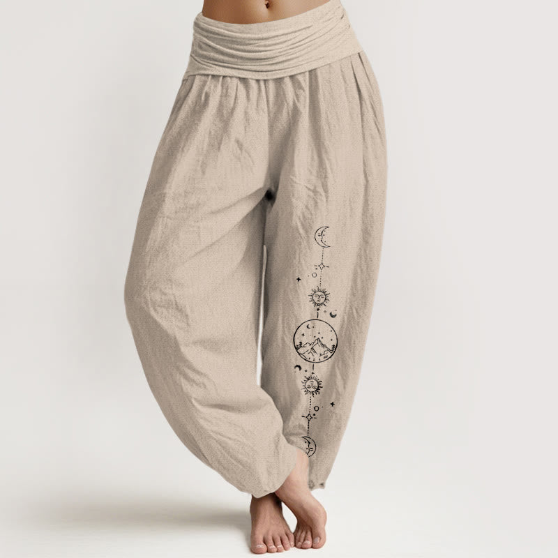 Nimara Ritual Pure Cotton Minimalist Design Moon Sun Star Mountain Pattern Women's Elastic Waist Harem Pants