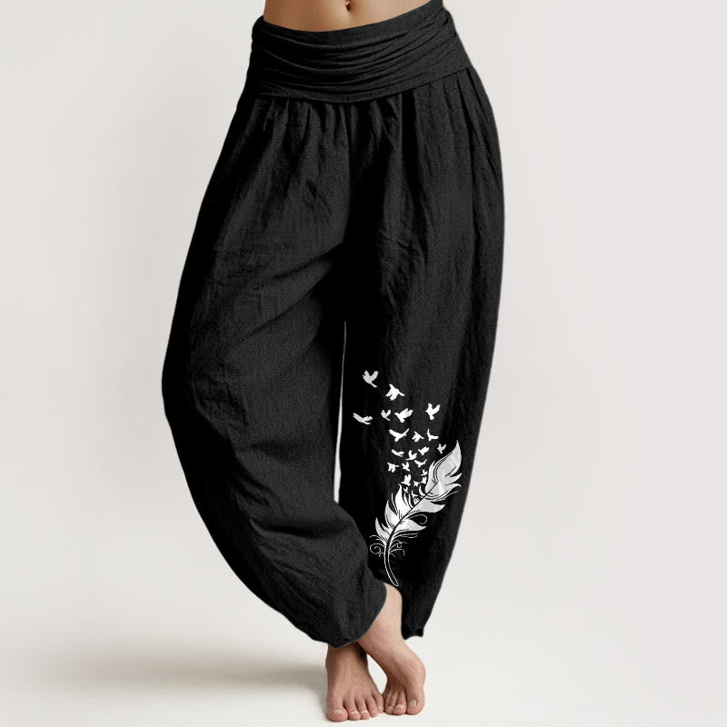 Nimara Ritual Pure Cotton Vivid Bird Feather Pattern Women's Elastic Waist Harem Pants