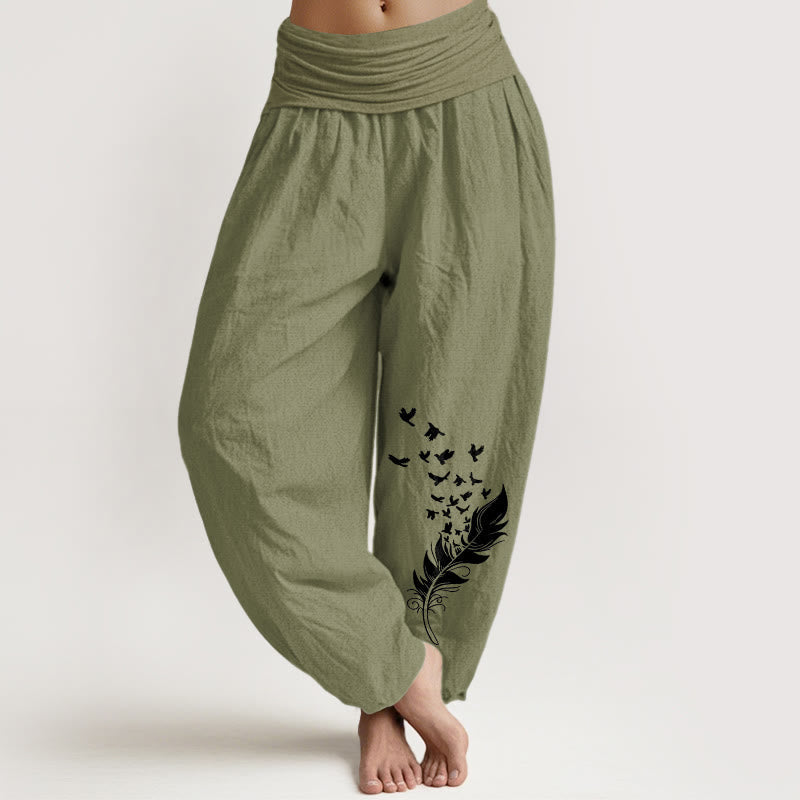 Nimara Ritual Pure Cotton Vivid Bird Feather Pattern Women's Elastic Waist Harem Pants