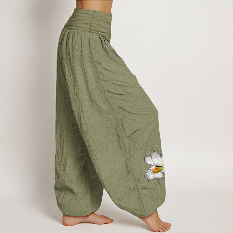 Nimara Ritual Pure Cotton Elegant Daisy Butterfly Dragonfly Pattern Women's Elastic Waist Harem Pants