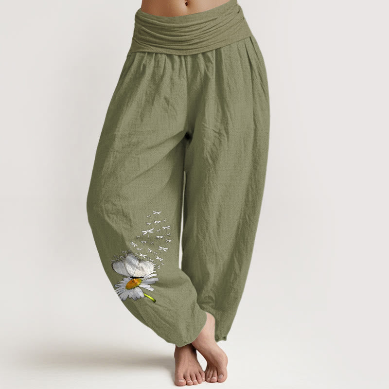 Nimara Ritual Pure Cotton Elegant Daisy Butterfly Dragonfly Pattern Women's Elastic Waist Harem Pants