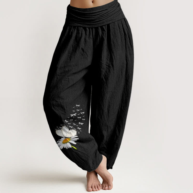 Nimara Ritual Pure Cotton Elegant Daisy Butterfly Dragonfly Pattern Women's Elastic Waist Harem Pants