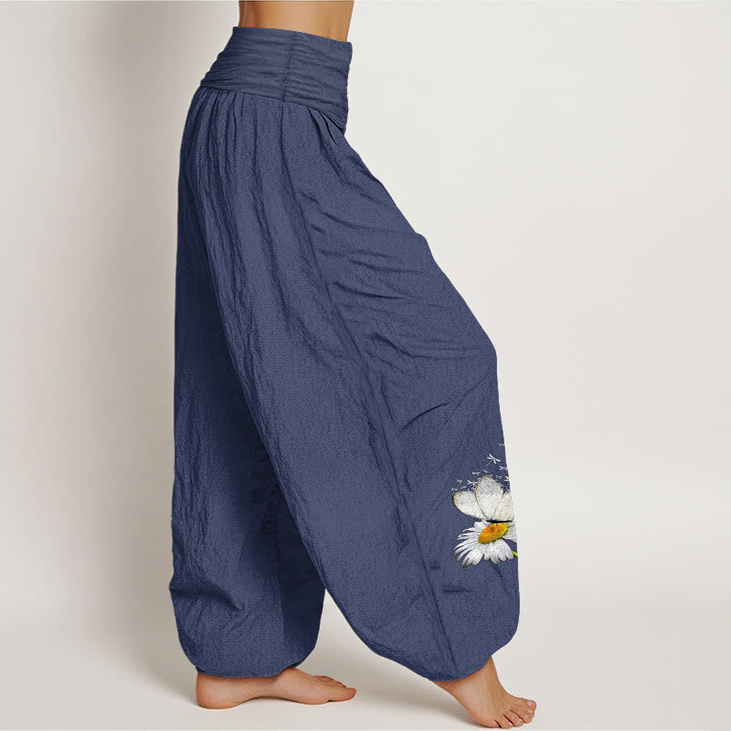 Nimara Ritual Pure Cotton Elegant Daisy Butterfly Dragonfly Pattern Women's Elastic Waist Harem Pants