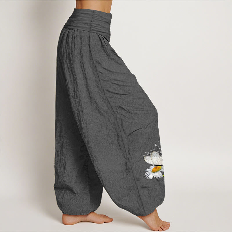 Nimara Ritual Pure Cotton Elegant Daisy Butterfly Dragonfly Pattern Women's Elastic Waist Harem Pants