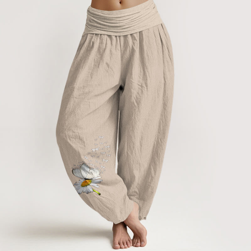 Nimara Ritual Pure Cotton Elegant Daisy Butterfly Dragonfly Pattern Women's Elastic Waist Harem Pants