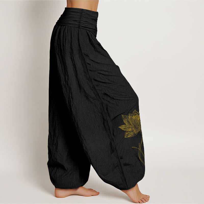Nimara Ritual Pure Cotton Elegant Lotus Flower Pattern Women's Elastic Waist Harem Pants