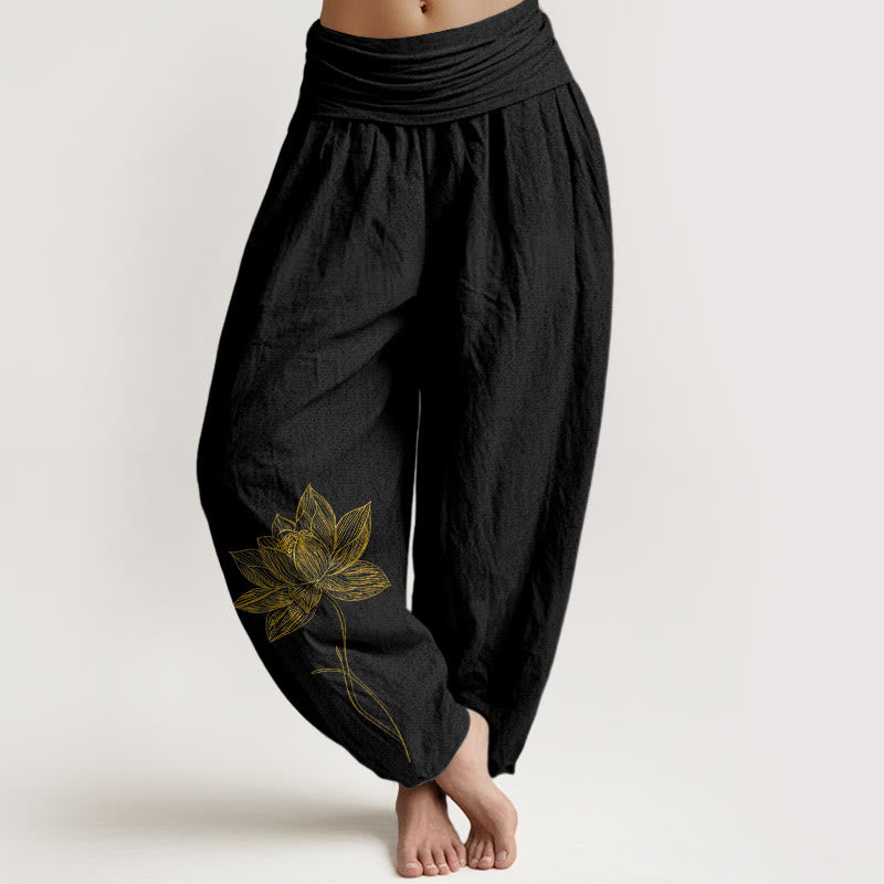 Nimara Ritual Pure Cotton Elegant Lotus Flower Pattern Women's Elastic Waist Harem Pants