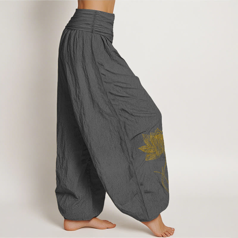 Nimara Ritual Pure Cotton Elegant Lotus Flower Pattern Women's Elastic Waist Harem Pants