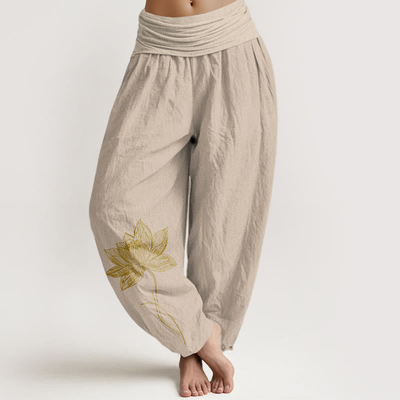Nimara Ritual Pure Cotton Elegant Lotus Flower Pattern Women's Elastic Waist Harem Pants