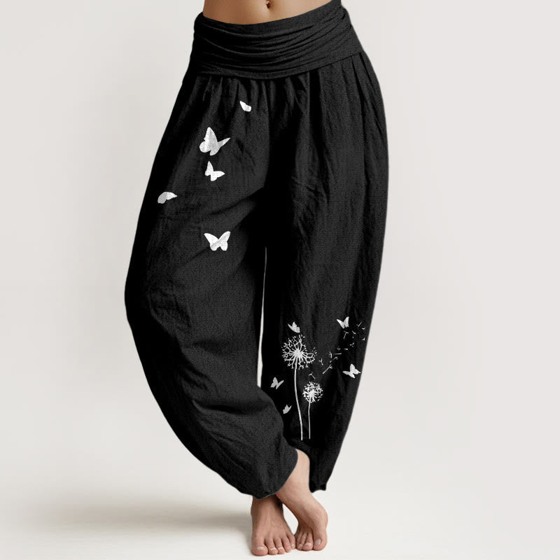 Nimara Ritual Pure Cotton Elegant Butterfly Dandelion Pattern Women's Elastic Waist Harem Pants