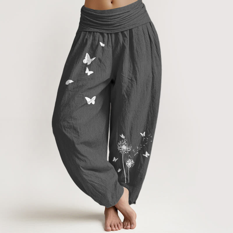 Nimara Ritual Pure Cotton Elegant Butterfly Dandelion Pattern Women's Elastic Waist Harem Pants