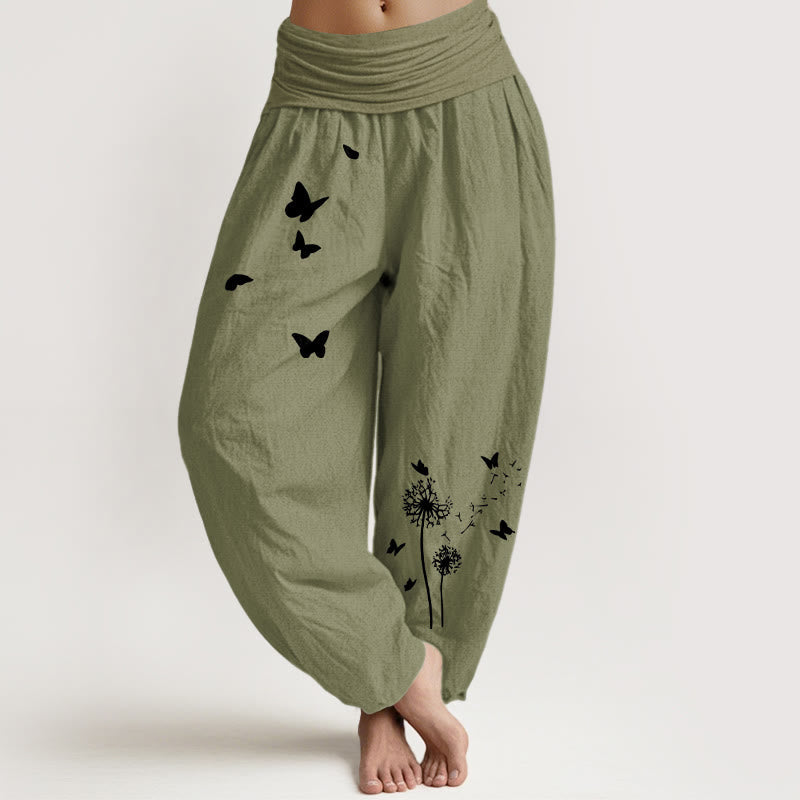 Nimara Ritual Pure Cotton Elegant Butterfly Dandelion Pattern Women's Elastic Waist Harem Pants
