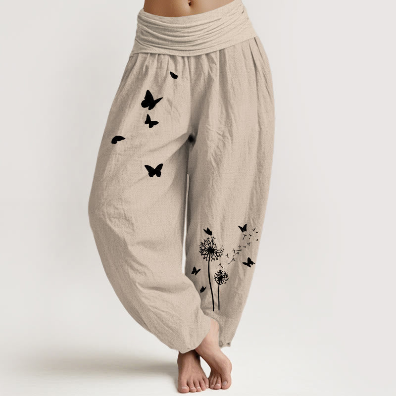 Nimara Ritual Pure Cotton Elegant Butterfly Dandelion Pattern Women's Elastic Waist Harem Pants