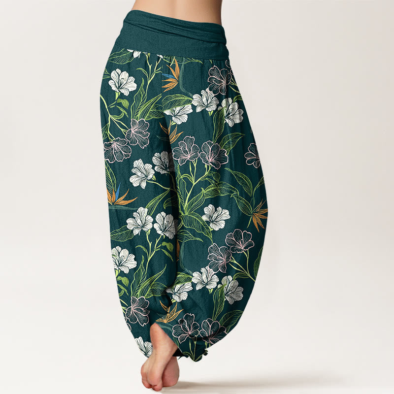 Nimara Ritual Cotton Contrasting Colors Flower Leaf Pattern Women's Elastic Waist Harem Pants