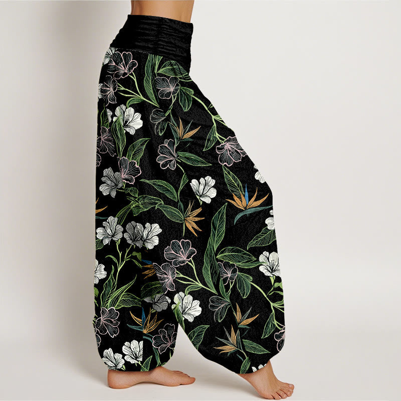 Nimara Ritual Cotton Contrasting Colors Flower Leaf Pattern Women's Elastic Waist Harem Pants