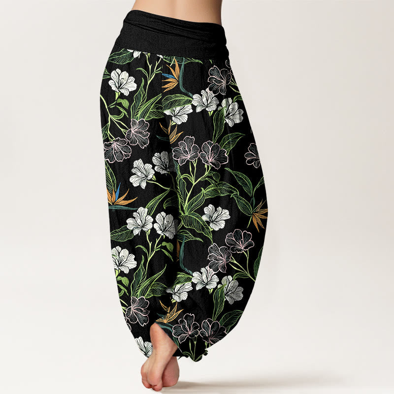 Nimara Ritual Cotton Contrasting Colors Flower Leaf Pattern Women's Elastic Waist Harem Pants
