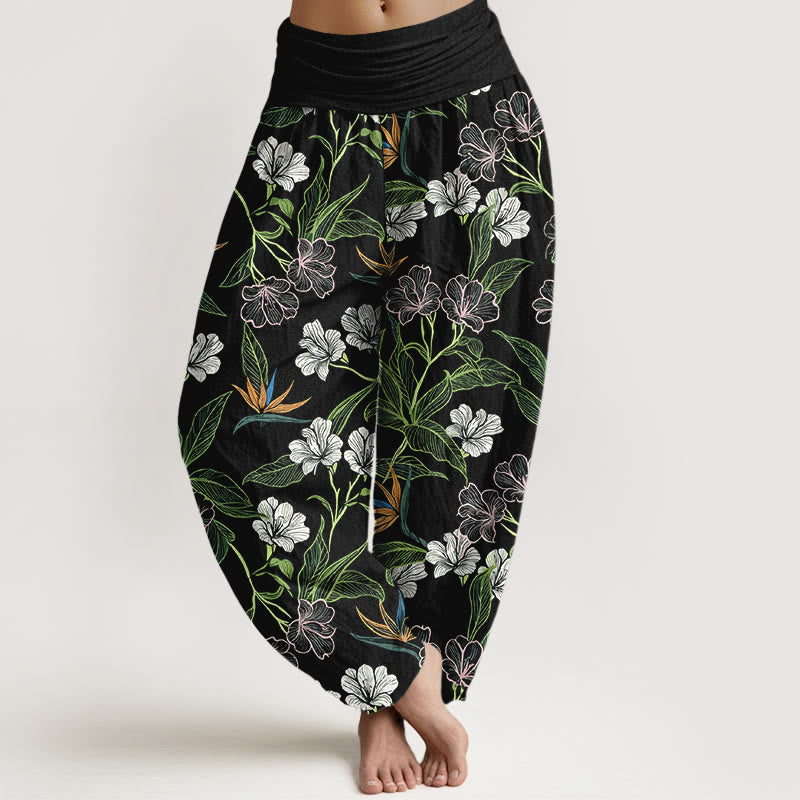 Nimara Ritual Cotton Contrasting Colors Flower Leaf Pattern Women's Elastic Waist Harem Pants