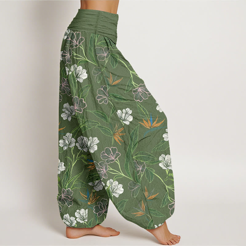 Nimara Ritual Cotton Contrasting Colors Flower Leaf Pattern Women's Elastic Waist Harem Pants