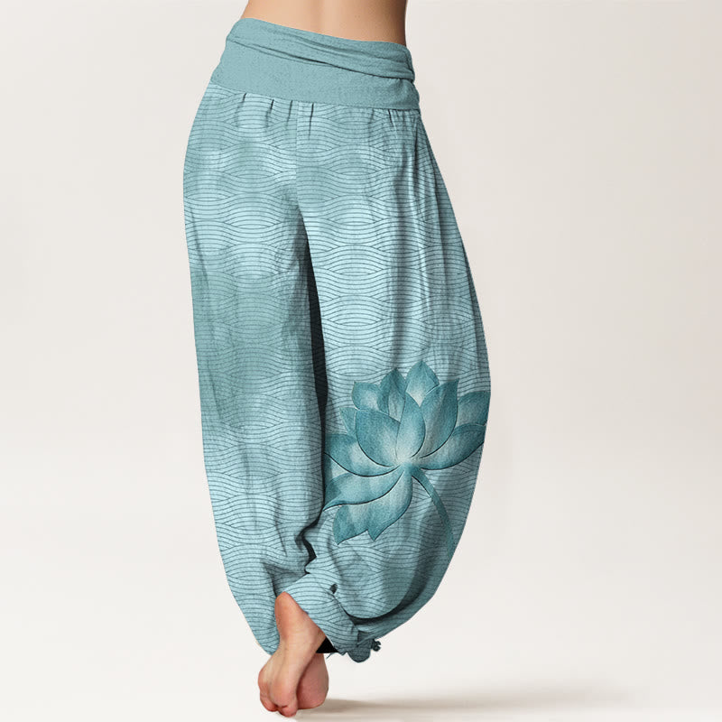 Nimara Ritual Cotton Light Color Lotus Wavy Lines Pattern Women's Elastic Waist Harem Pants