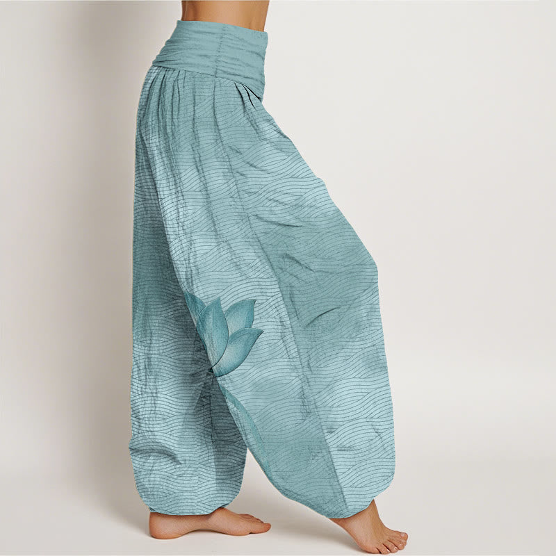 Nimara Ritual Cotton Light Color Lotus Wavy Lines Pattern Women's Elastic Waist Harem Pants