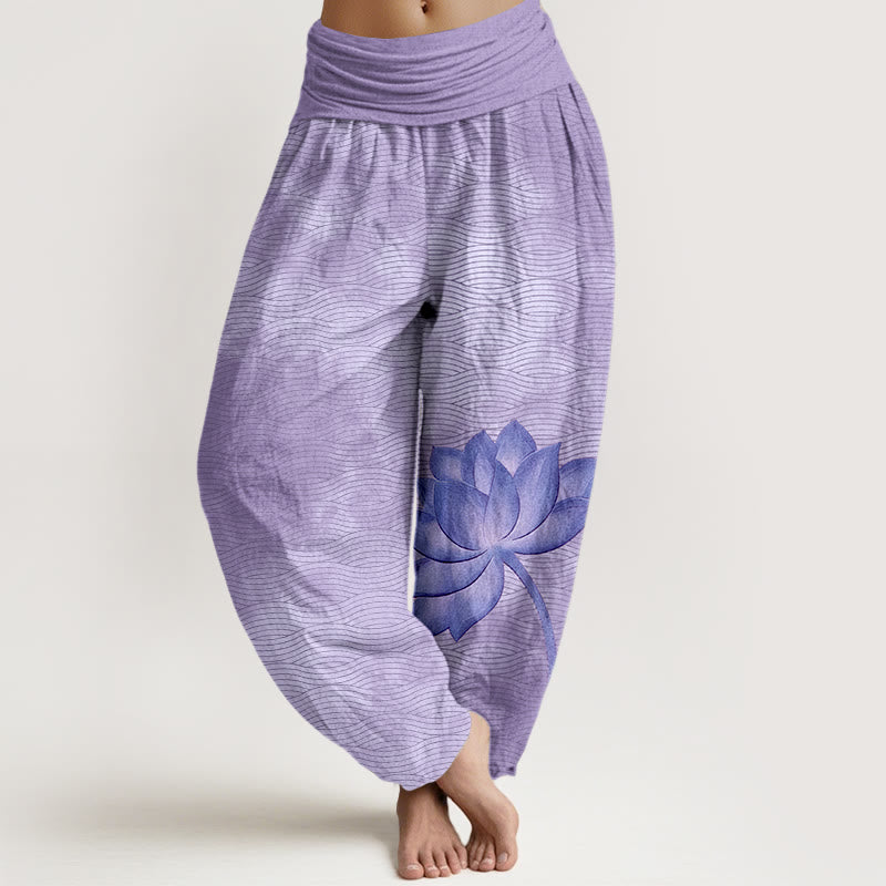 Nimara Ritual Cotton Light Color Lotus Wavy Lines Pattern Women's Elastic Waist Harem Pants