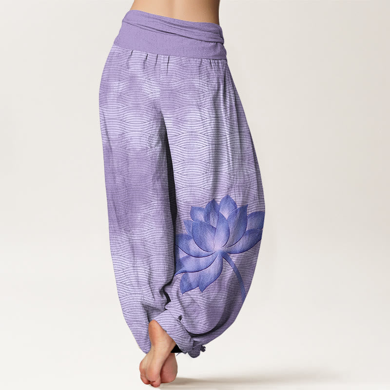 Nimara Ritual Cotton Light Color Lotus Wavy Lines Pattern Women's Elastic Waist Harem Pants