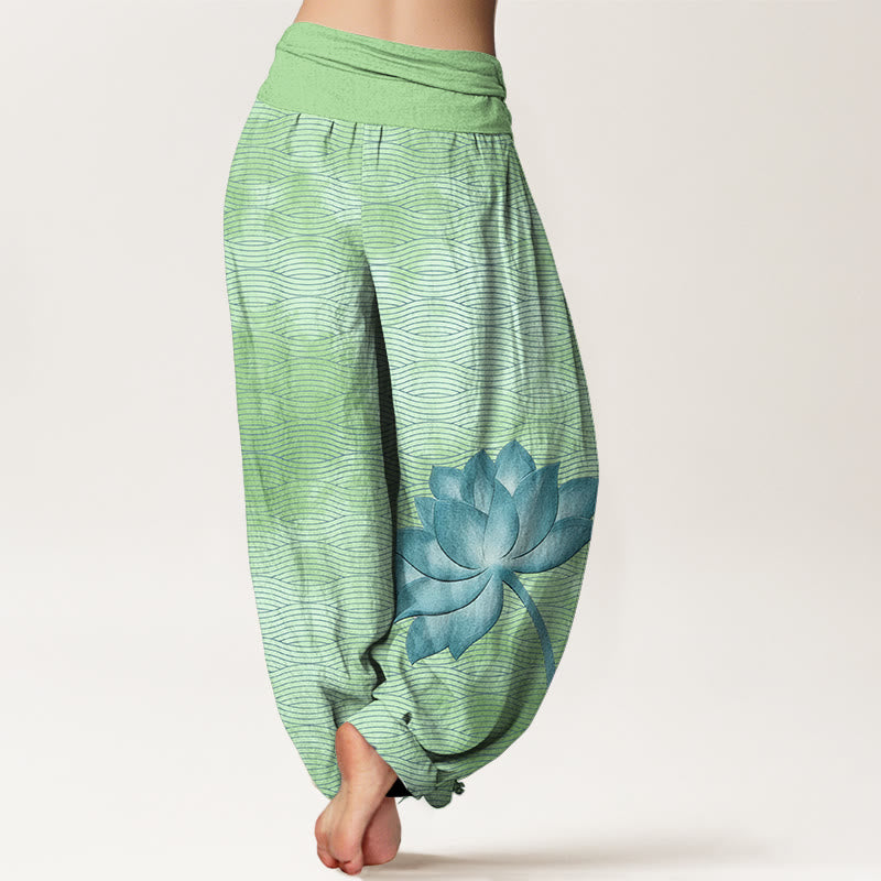 Nimara Ritual Cotton Light Color Lotus Wavy Lines Pattern Women's Elastic Waist Harem Pants