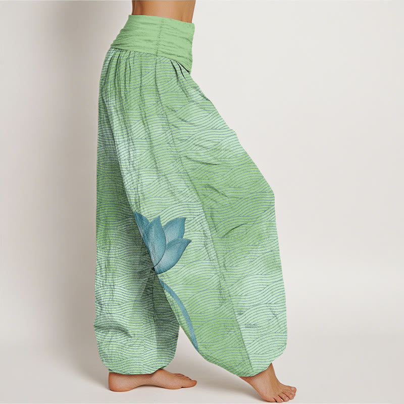 Nimara Ritual Cotton Light Color Lotus Wavy Lines Pattern Women's Elastic Waist Harem Pants