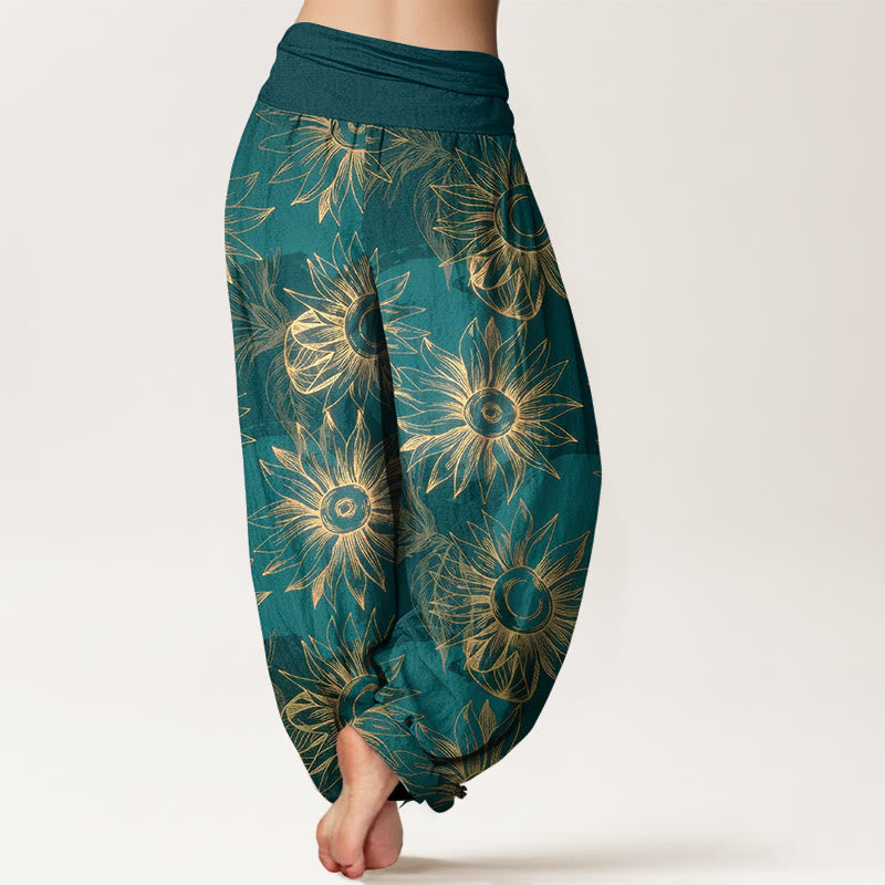 Nimara Ritual Cotton Retro Print Flower Pattern Women's Elastic Waist Harem Pants