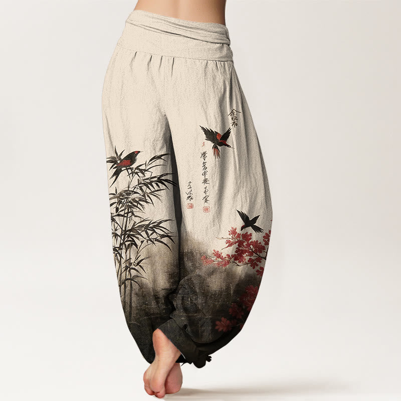 Nimara Ritual Cotton Classical Bamboo Bird Flower Pattern Women's Elastic Waist Harem Pants