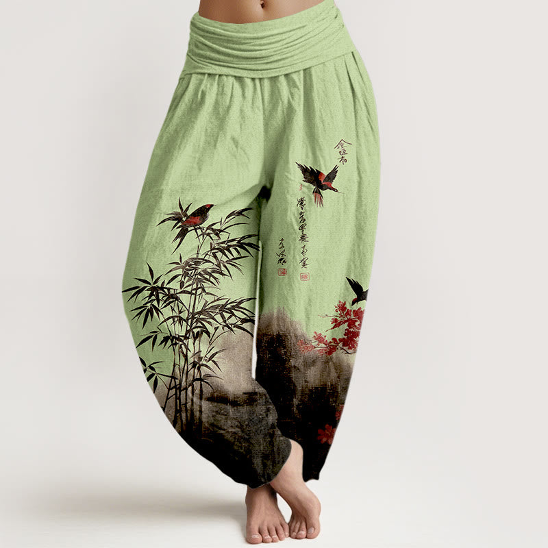 Nimara Ritual Cotton Classical Bamboo Bird Flower Pattern Women's Elastic Waist Harem Pants