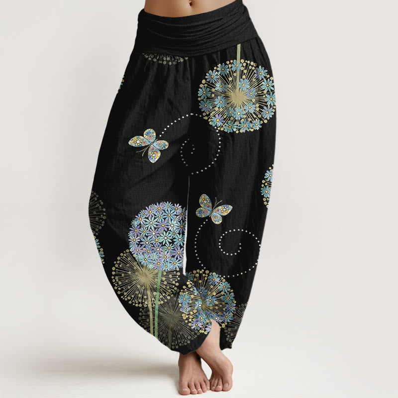Nimara Ritual Cotton Dreamlike Dandelion Butterfly Pattern Women's Elastic Waist Harem Pants