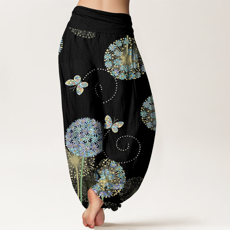 Nimara Ritual Cotton Dreamlike Dandelion Butterfly Pattern Women's Elastic Waist Harem Pants