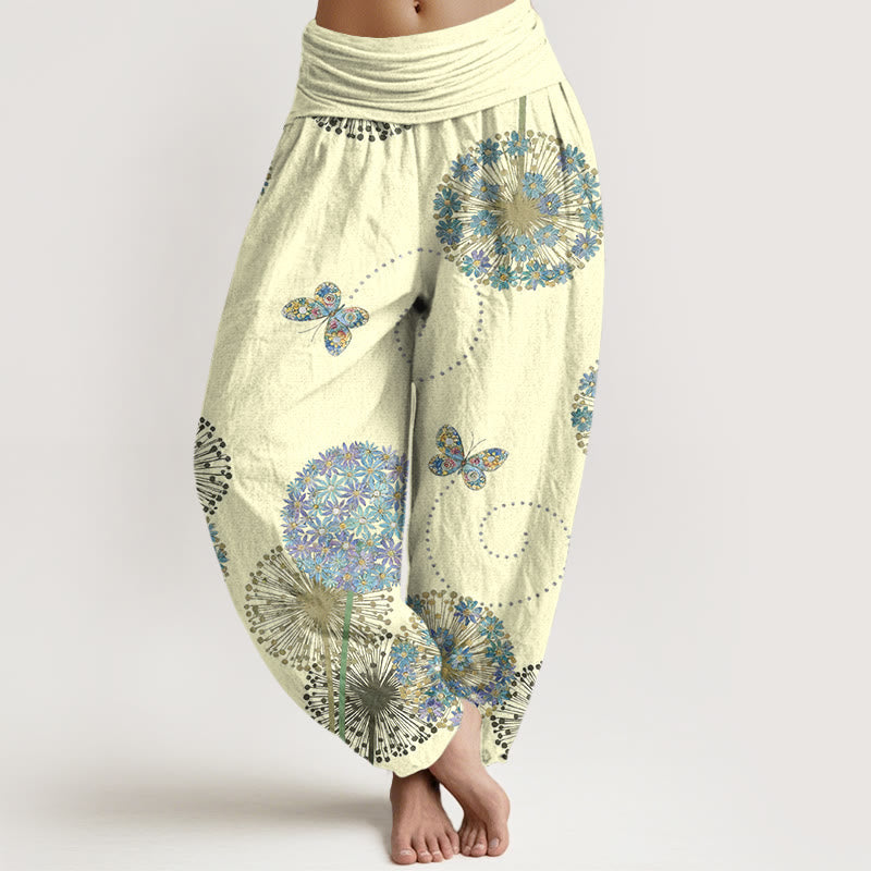Nimara Ritual Cotton Dreamlike Dandelion Butterfly Pattern Women's Elastic Waist Harem Pants