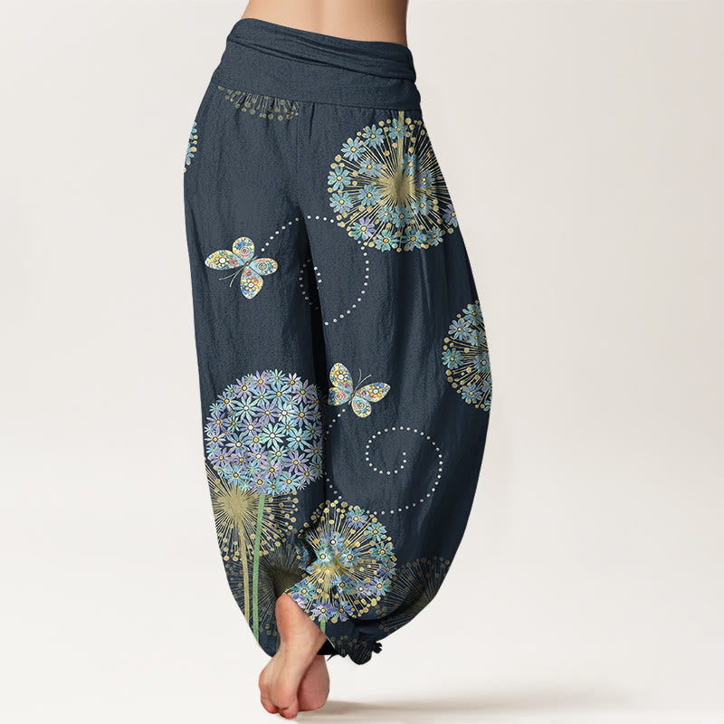 Nimara Ritual Cotton Dreamlike Dandelion Butterfly Pattern Women's Elastic Waist Harem Pants