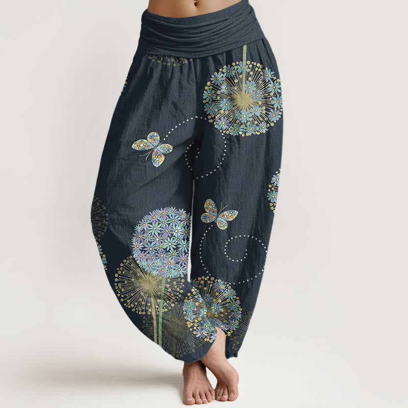 Nimara Ritual Cotton Dreamlike Dandelion Butterfly Pattern Women's Elastic Waist Harem Pants