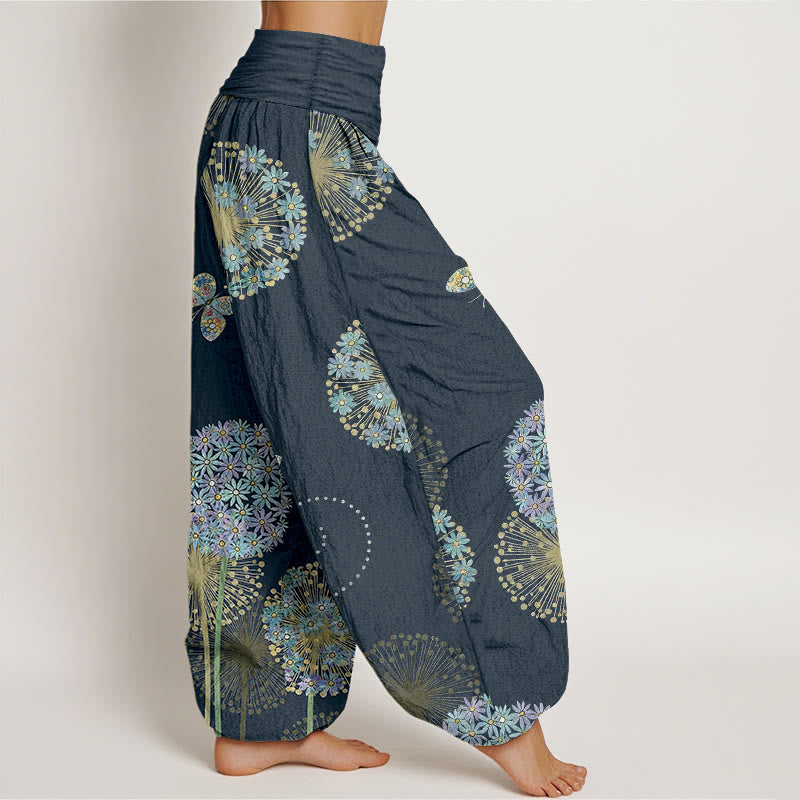 Nimara Ritual Cotton Dreamlike Dandelion Butterfly Pattern Women's Elastic Waist Harem Pants