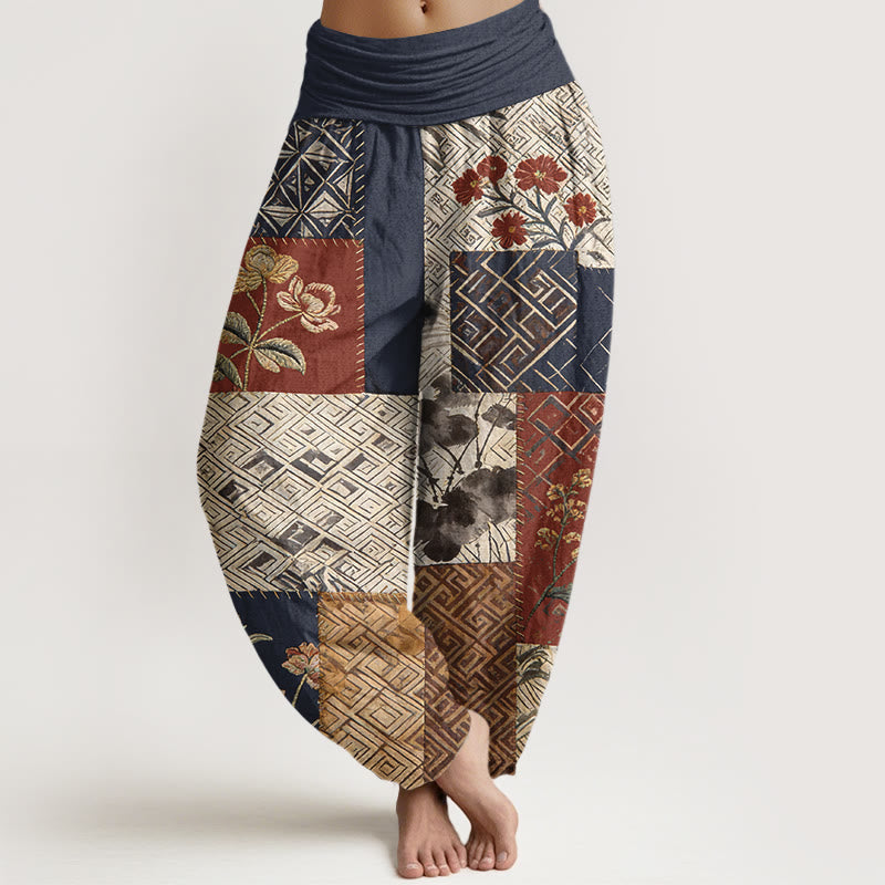Nimara Ritual Cotton Color Blocking Design Flower Geometry Pattern Women's Elastic Waist Harem Pants