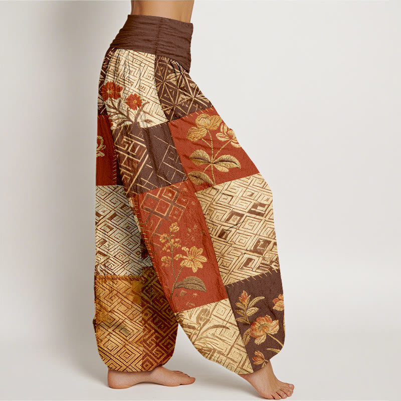 Nimara Ritual Cotton Color Blocking Design Flower Geometry Pattern Women's Elastic Waist Harem Pants