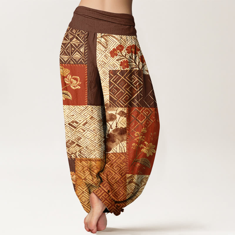 Nimara Ritual Cotton Color Blocking Design Flower Geometry Pattern Women's Elastic Waist Harem Pants