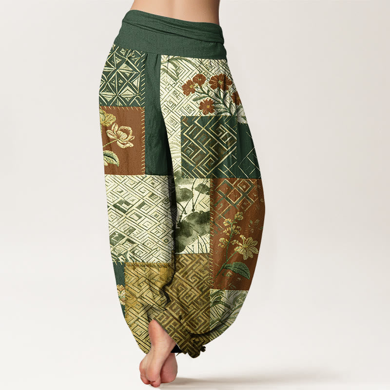 Nimara Ritual Cotton Color Blocking Design Flower Geometry Pattern Women's Elastic Waist Harem Pants