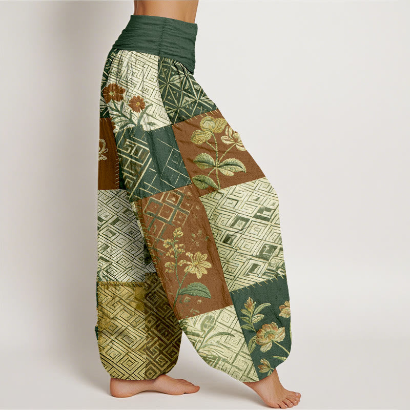 Nimara Ritual Cotton Color Blocking Design Flower Geometry Pattern Women's Elastic Waist Harem Pants
