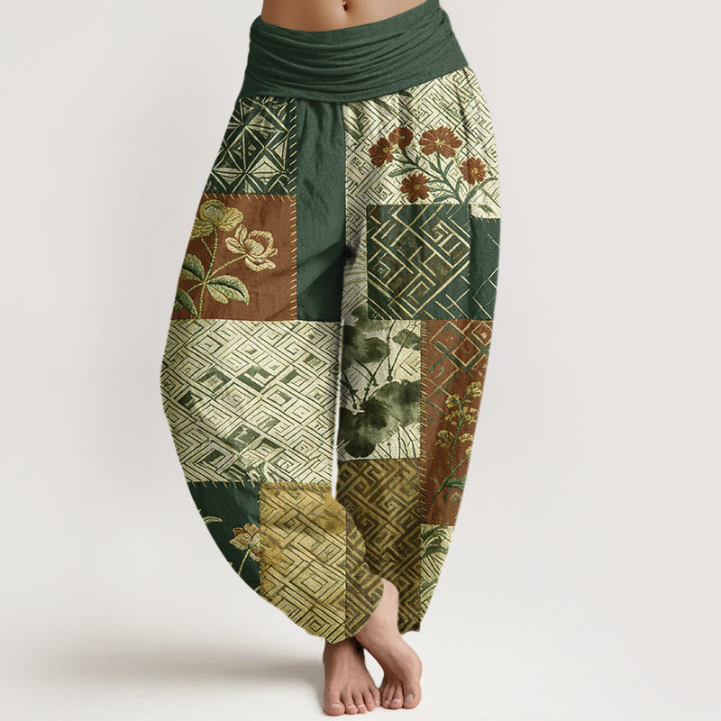 Nimara Ritual Cotton Color Blocking Design Flower Geometry Pattern Women's Elastic Waist Harem Pants