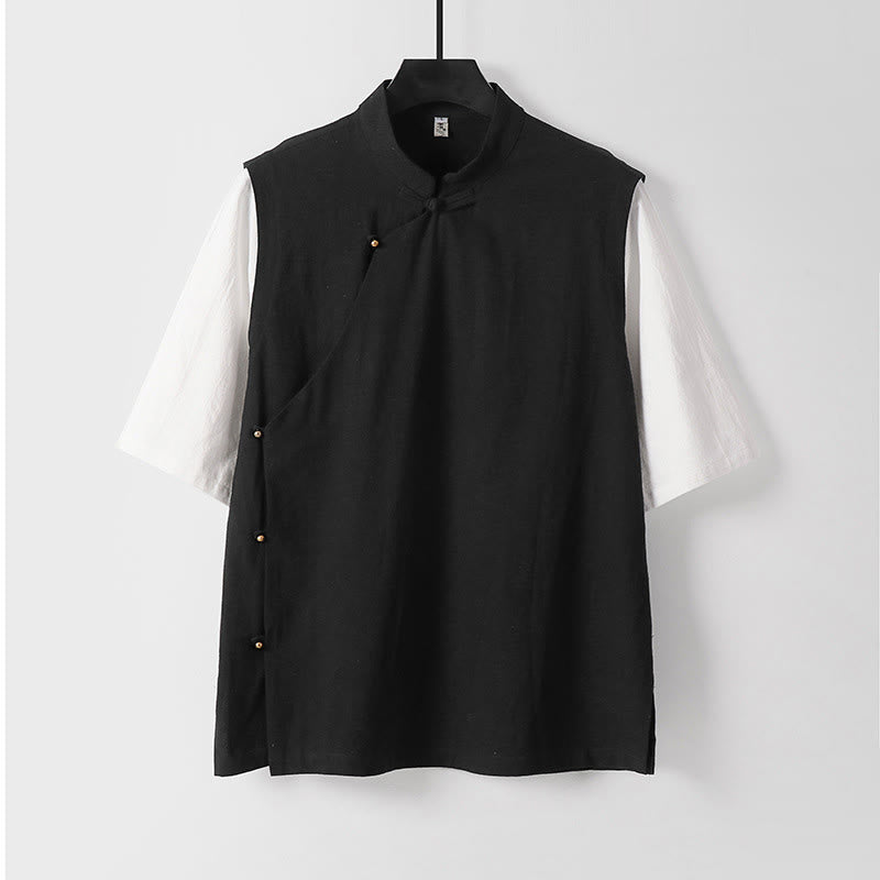 Nimara Ritual Summer 2 In 1 Stripes Stand Collar Short Sleeve Frog-Button Men's Cotton Shirt
