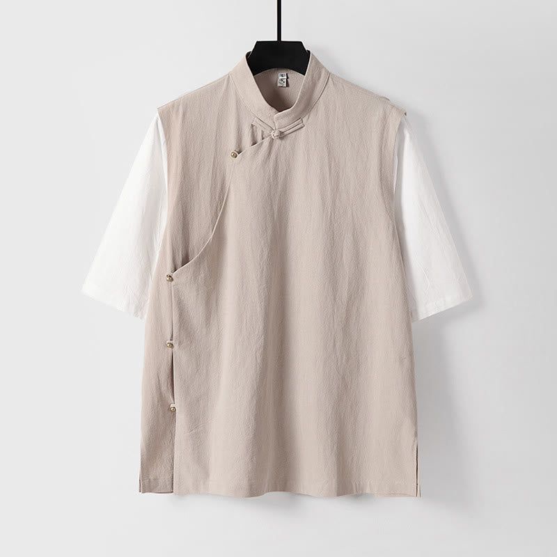 Nimara Ritual Summer 2 In 1 Stripes Stand Collar Short Sleeve Frog-Button Men's Cotton Shirt