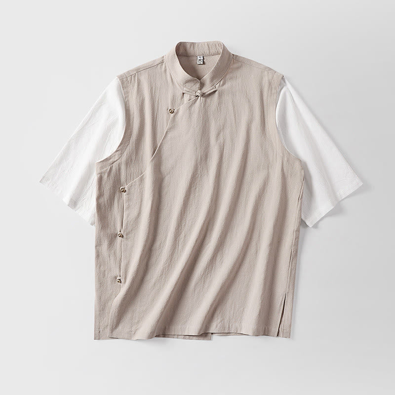 Nimara Ritual Summer 2 In 1 Stripes Stand Collar Short Sleeve Frog-Button Men's Cotton Shirt