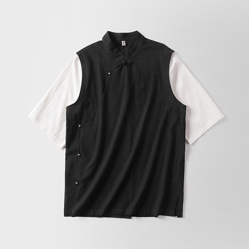Nimara Ritual Summer 2 In 1 Stripes Stand Collar Short Sleeve Frog-Button Men's Cotton Shirt