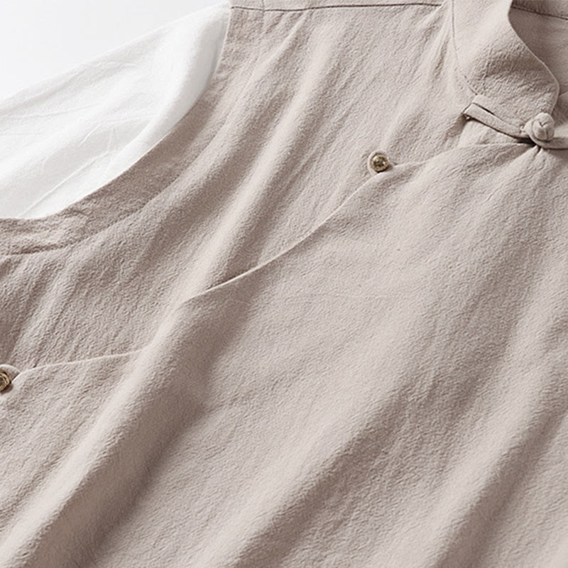 Nimara Ritual Summer 2 In 1 Stripes Stand Collar Short Sleeve Frog-Button Men's Cotton Shirt